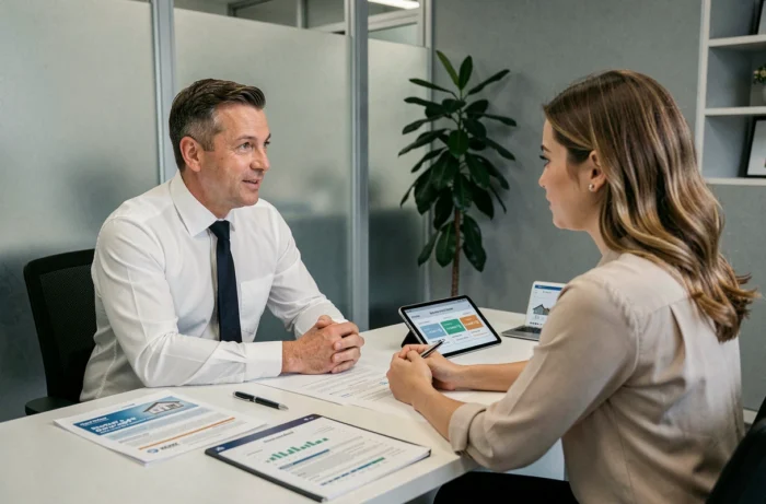 Conseiller bancaire expliquant les conditions d'un prêt immobilier à une cliente dans une agence moderne