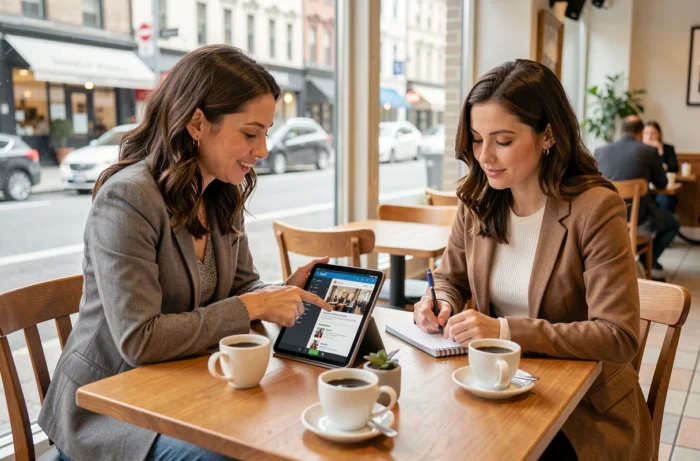 Deux femmes discutant des conseils pour bien débuter sur Mélanie2Web autour d'une tablette dans un café