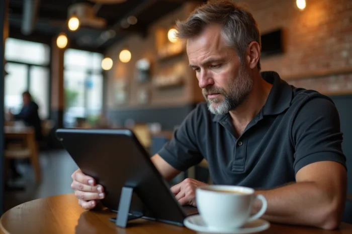Homme consultant des fiches techniques automobiles sur une tablette dans un café urbain