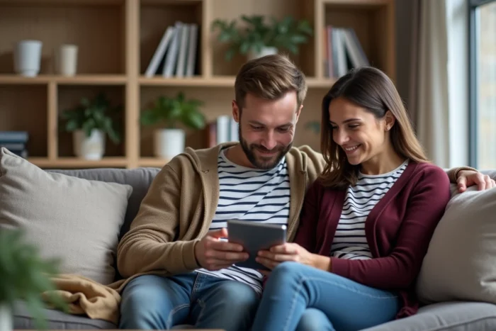 Couple gérant leurs alertes SMS Crédit Agricole sur smartphone et tablette dans un salon
