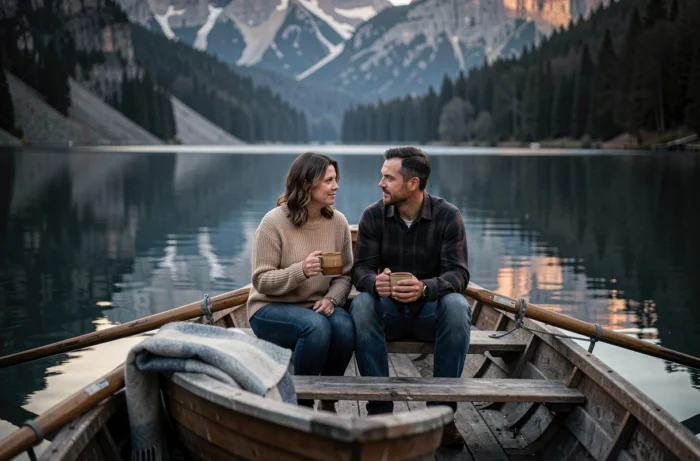 Couple en barque sur un lac de montagne calme au crépuscule lors d'un séjour romantique d'exception