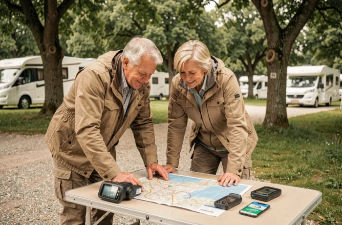 Couple de campeurs en camping-car planifiant leur itinéraire avec GPS et application Waze sur smartphone autour d'une table en plein air