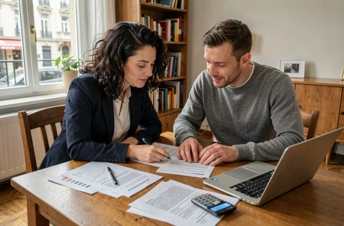 Couple examinant des documents de crédit immobilier sur une table en bois dans un appartement moderne