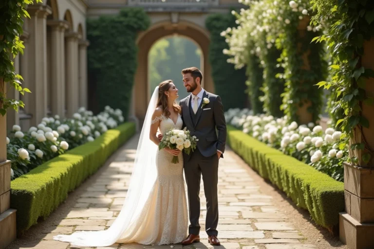 Couple de mariés se tenant la main dans un jardin de château français avec des arches fleuries de pivoines blanches et un voile de mariée en dentelle