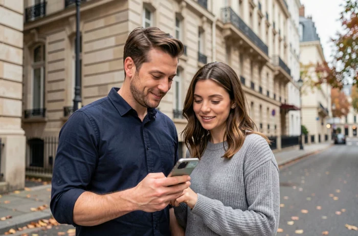 Couple consultant une annonce immobilière sur smartphone devant un immeuble haussmannien