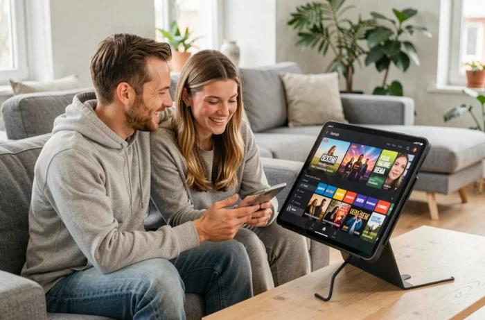 Couple regardant ensemble un programme télévisé en direct sur une tablette dans leur salon moderne