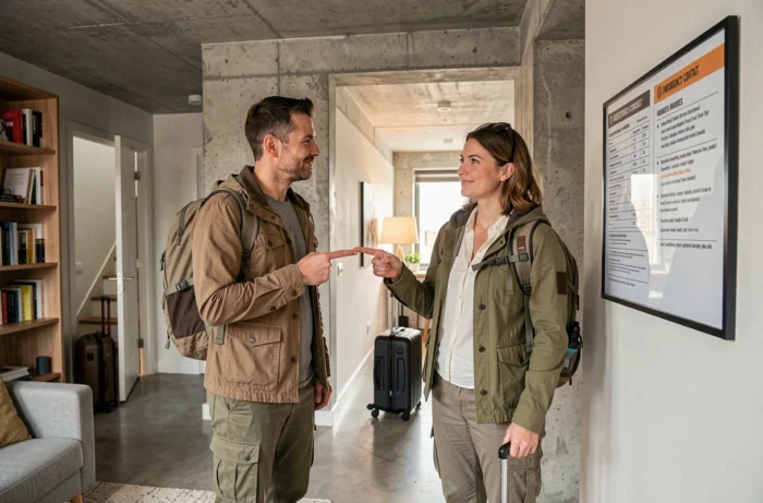Couple de voyageurs lisant les règles de sécurité affichées dans un appartement Airbnb moderne, illustrant les bonnes pratiques de location entre particuliers