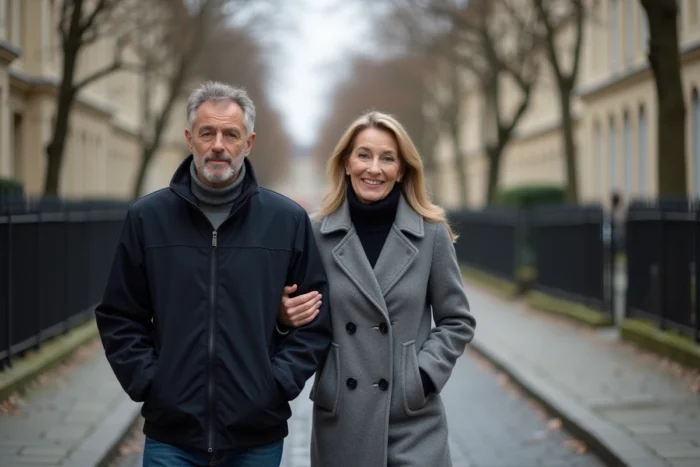 Un couple marchant discrètement dans une rue parisienne, illustrant la protection de la vie privée familiale face à l'attention médiatique