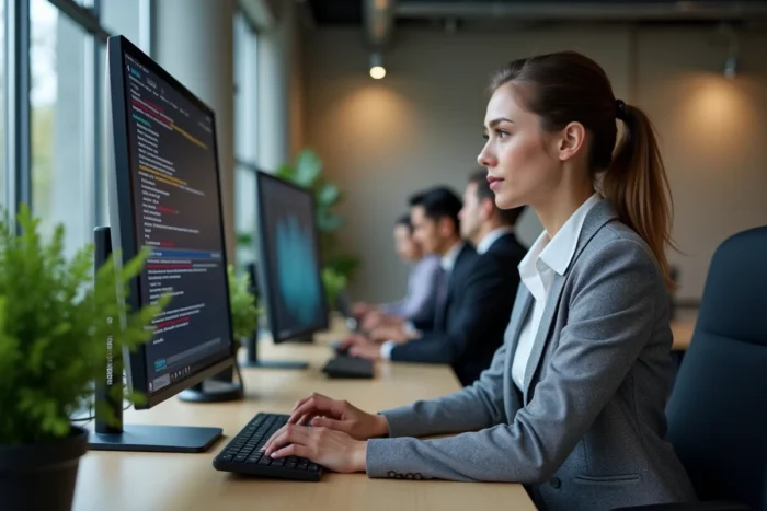 Professionnelle en cybersécurité analysant des risques juridiques liés aux fuites de contenus en ligne