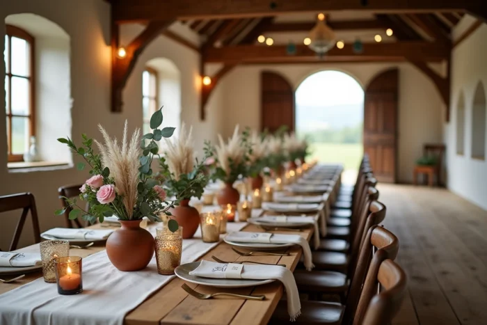 Table de réception de mariage décorée de fleurs séchées, de bougies ambrées et de vaisselle dorée dans une grange rustique aux murs en pierre blanchie