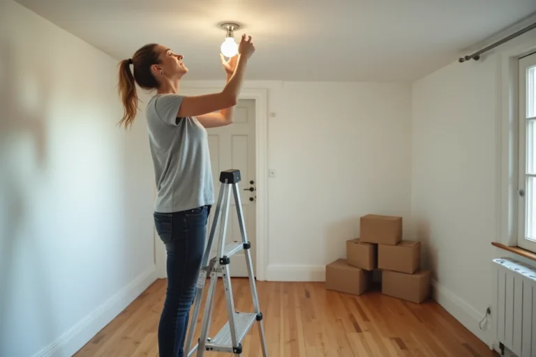 Femme qui dévisse une ampoule LED lors d'un déménagement dans un appartement vide