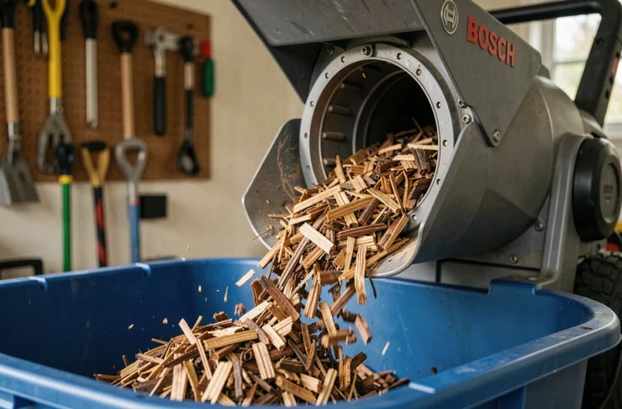 Détail du mécanisme de coupe et du bac de collecte du broyeur Bosch AXT 25 TC avec copeaux de bois broyés dans un bac de jardin