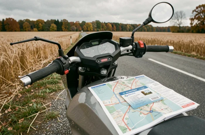 Détail d'une moto 125 cm3 avec permis B et carte grise sur route départementale française
