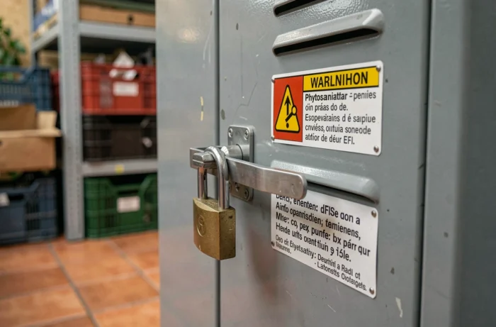 Détail de la porte verrouillée d'une armoire phytosanitaire avec grille de ventilation et étiquette de sécurité