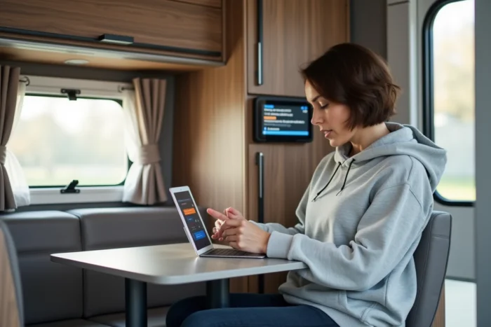 Femme consultant une application de diagnostic Truma sur tablette à côté du panneau de contrôle affichant un code d'erreur dans l'habitacle d'un camping-car