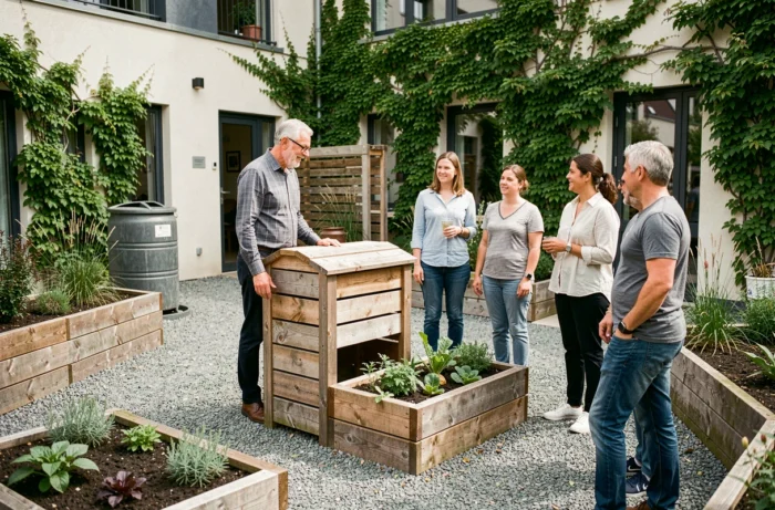 Directeur de crèche présentant un composteur et un jardin potager pédagogique zéro déchet aux parents dans la cour extérieure