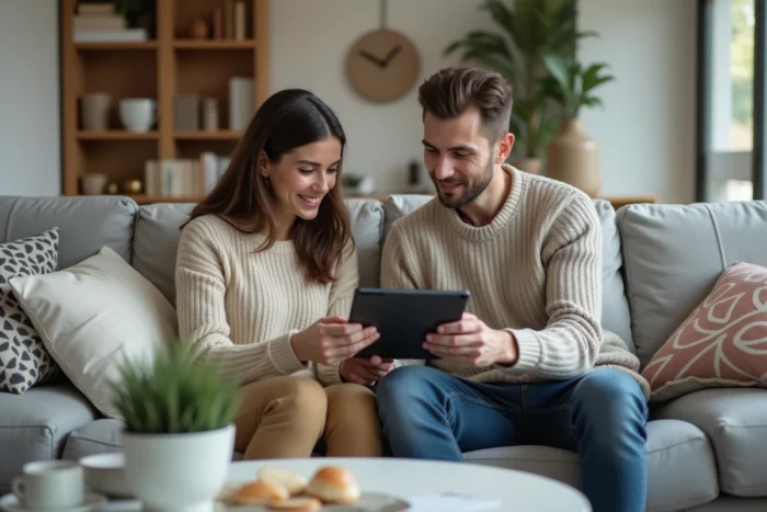 Deux personnes apprenant l'italien ensemble sur tablette avec Duolingo dans un salon moderne