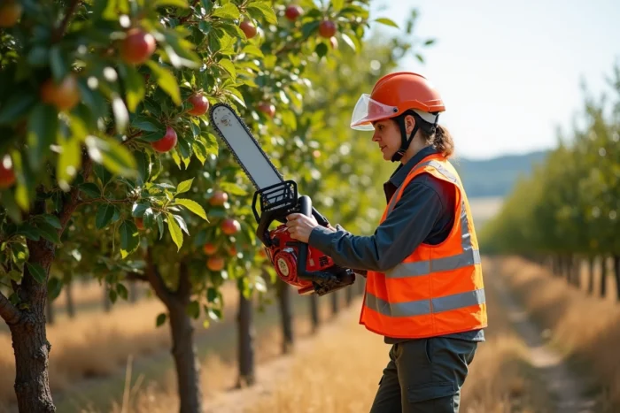 Femme professionnelle utilisant une élagueuse thermique dans un verger pour tailler des branches épaisses