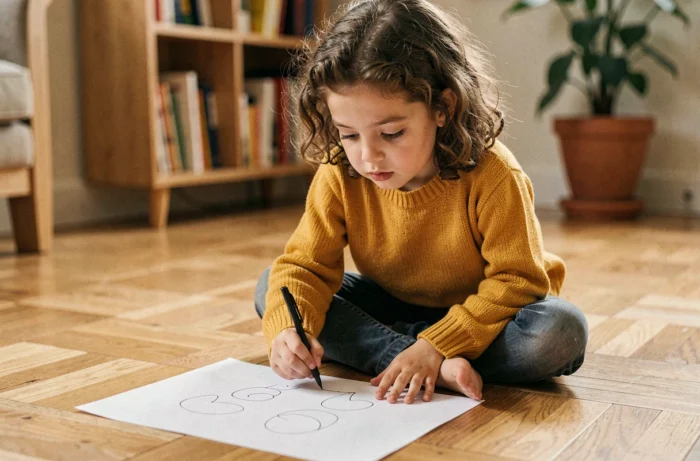 Jeune fille concentrée dessinant sur une feuille blanche avec un stylo noir, assise sur un parquet en bois dans un salon chaleureux