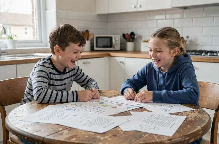 Deux enfants jouant ensemble à un jeu de dessin sur papier autour d'une table de cuisine, entourés de feuilles couvertes de gribouillages