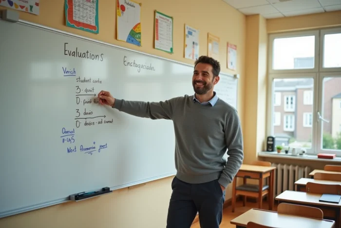 Enseignant de primaire devant un tableau avec des notes d'évaluation liées au LSU Versailles