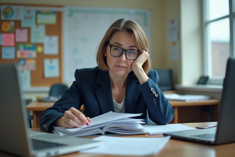 Enseignante fatiguée assise à son bureau encombré de documents, illustrant la surcharge de travail des professeurs dans l'éducation moderne