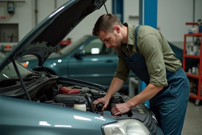 Mécanicien contrôlant le moteur d'une voiture d'occasion dans un garage automobile indépendant