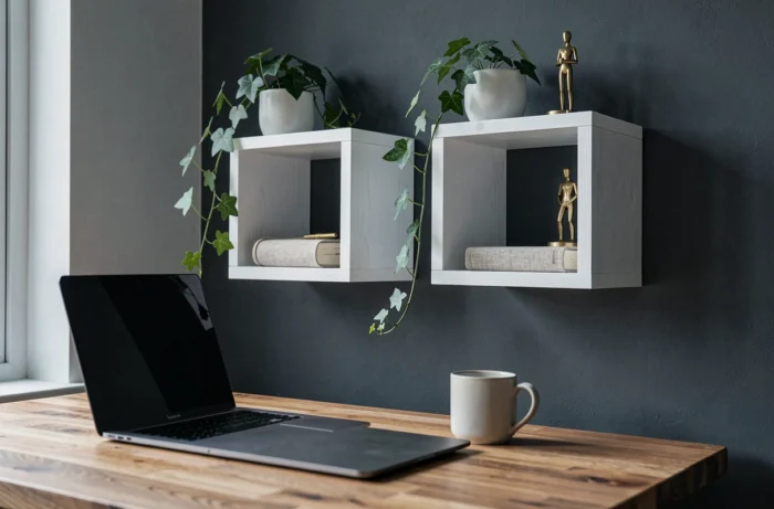 Deux étagères cubes en bois blanc montées sur un mur gris anthracite dans un bureau à domicile moderne et stylé