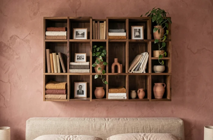 Grande composition murale de neuf étagères cubes en bois de noyer sur un mur en plâtre rose dans une chambre élégante
