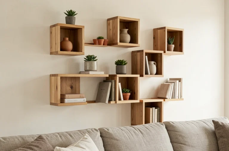 Étagères cubes en bois de chêne disposées en composition géométrique sur un mur de salon moderne avec objets décoratifs