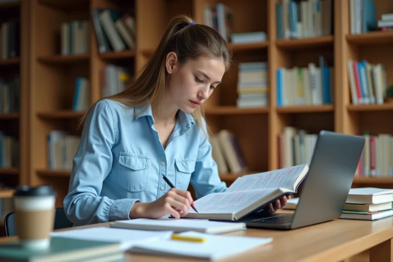 Étudiante révisant ses notes de préparation au BCE avec un planning détaillé dans une bibliothèque universitaire