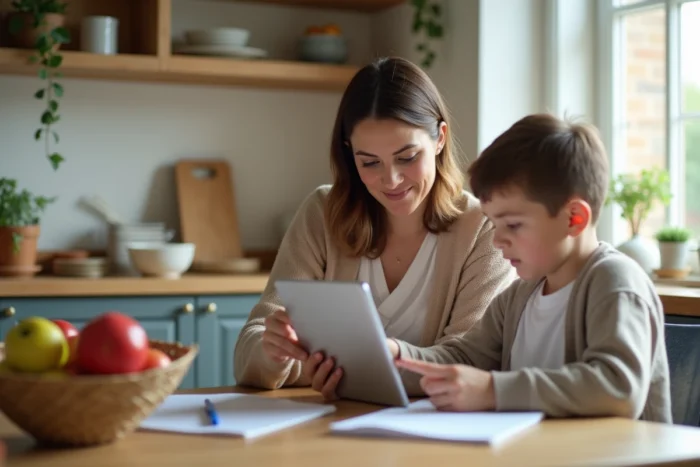 Mère et fils consultant le livret scolaire numérique LSU sur une tablette à la maison