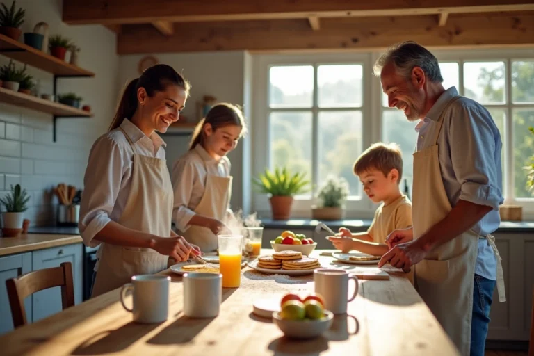 Famille heureuse préparant des pancakes ensemble dans une grande cuisine en bois le matin
