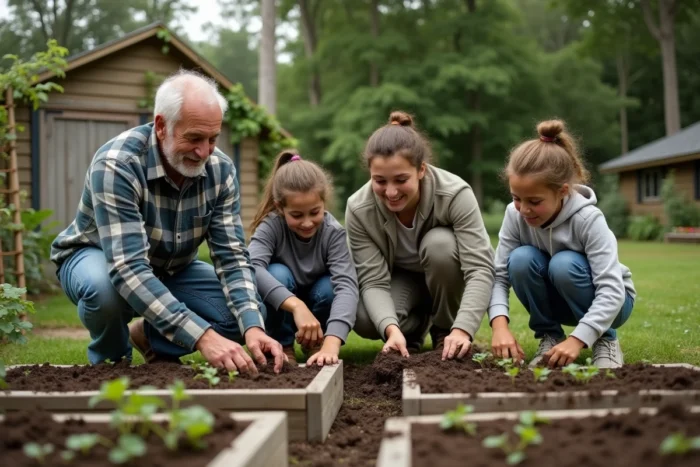 Grand-père et père jardinent avec des adolescents dans un potager familial en plein air