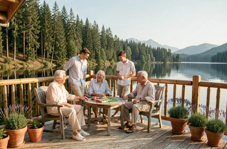 Famille multigénérationnelle profitant d'un séjour au bord du lac sur une terrasse en bois avec vue sur la montagne