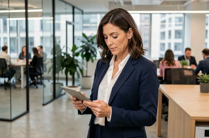 Femme d'affaires confiante en blazer marine consultant une tablette dans un bureau moderne tendance business
