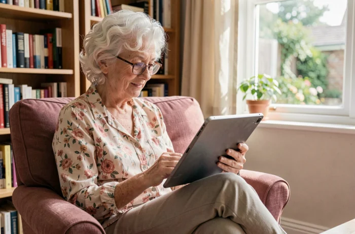 Une femme âgée utilise une tablette numérique pour accéder à des ressources d'aide aux seniors depuis son salon confortable