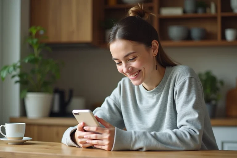 Jeune femme apprenant l'italien avec une application de langue sur smartphone à la maison