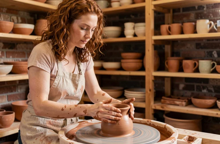 Femme façonnant une poterie en argile sur un tour dans un atelier artisanal chaleureux