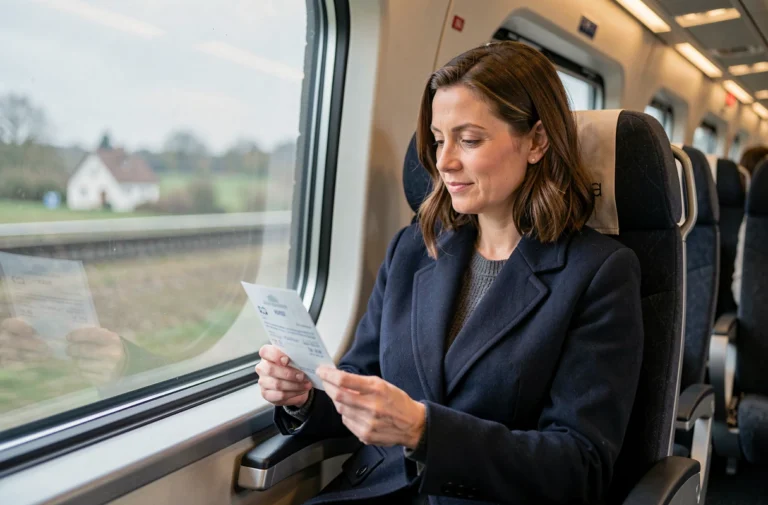Femme tenant un billet Eurostar dans un train entre Londres et Paris