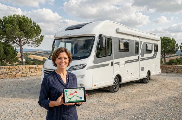 Femme devant un camping-car consultant Waze sur tablette dans une aire de repos en Provence pour planifier son itinéraire