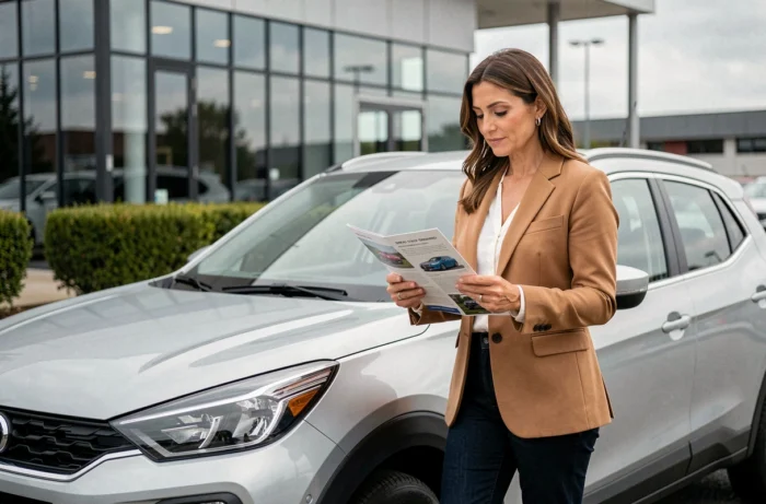 Femme évaluant une voiture compacte crossover dans un parking de concession automobile moderne en consultant une brochure de tendances et options