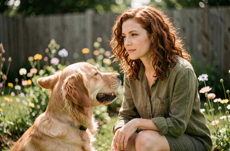 Femme communiquant avec son golden retriever dans un jardin, établissant un contact visuel pour renforcer leur relation