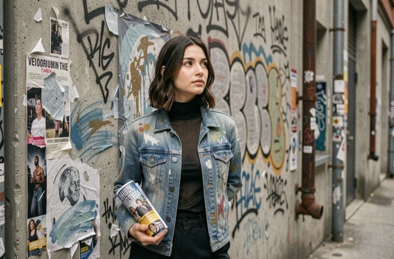 Jeune femme en veste en jean peinte à la main devant une fresque murale urbaine dans un quartier artistique alternatif