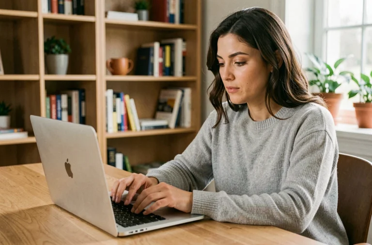 Femme utilisant un ordinateur portable pour débuter sur une plateforme en ligne depuis son bureau à domicile