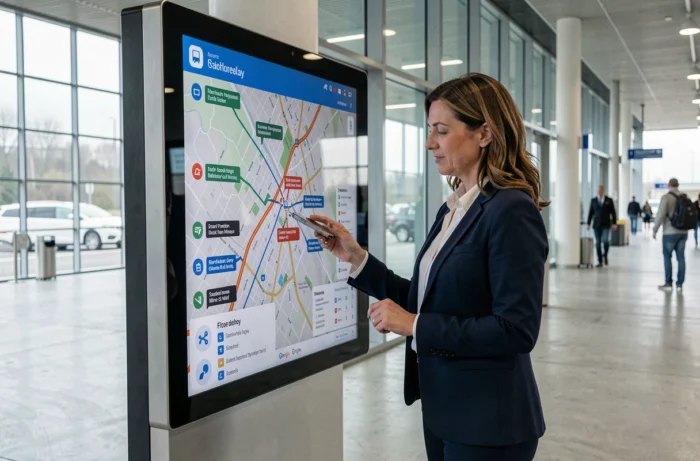 Femme consultant un écran d'information trafic et itinéraire Michelin dans une aire d'autoroute moderne
