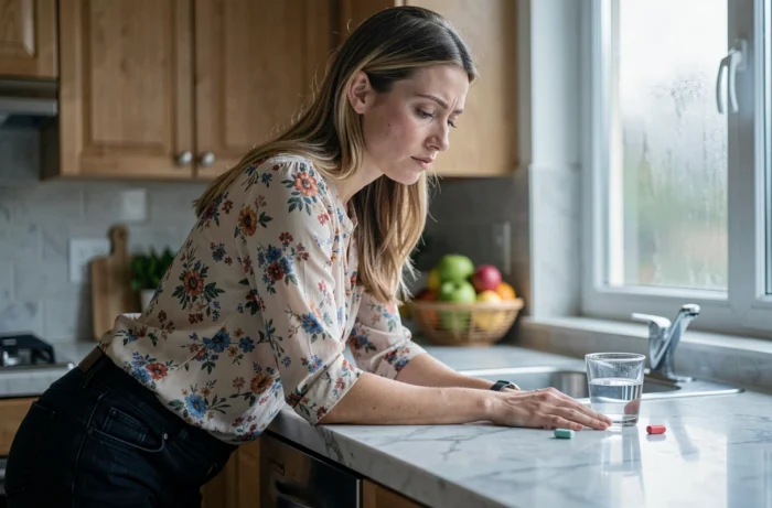 Femme enceinte sur le point de prendre un comprimé de Cariban dans sa cuisine