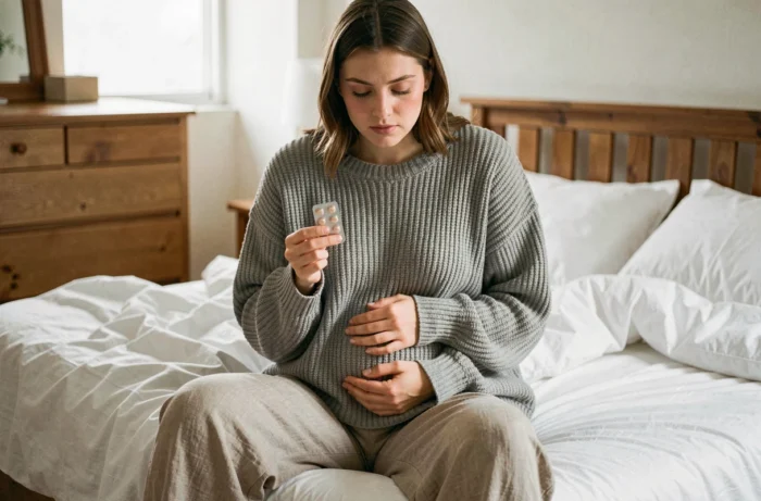 Femme enceinte tenant une boîte de médicament contre les nausées matinales assise sur son lit