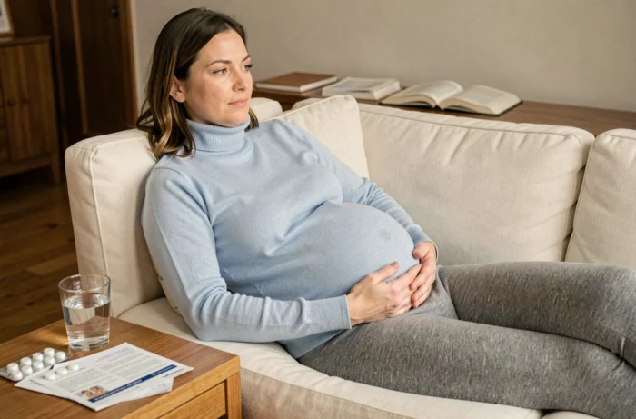 Femme enceinte allongée sur un canapé avec médicament contre les nausées de grossesse