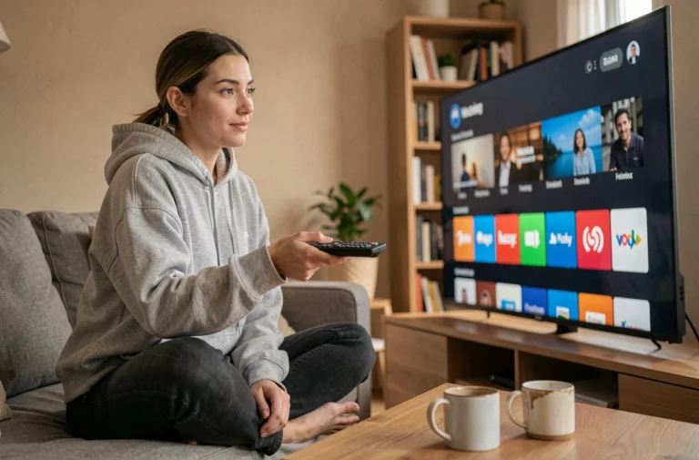 Femme explorant de nouvelles plateformes de streaming depuis son canapé avec une télécommande et un grand écran de télévision